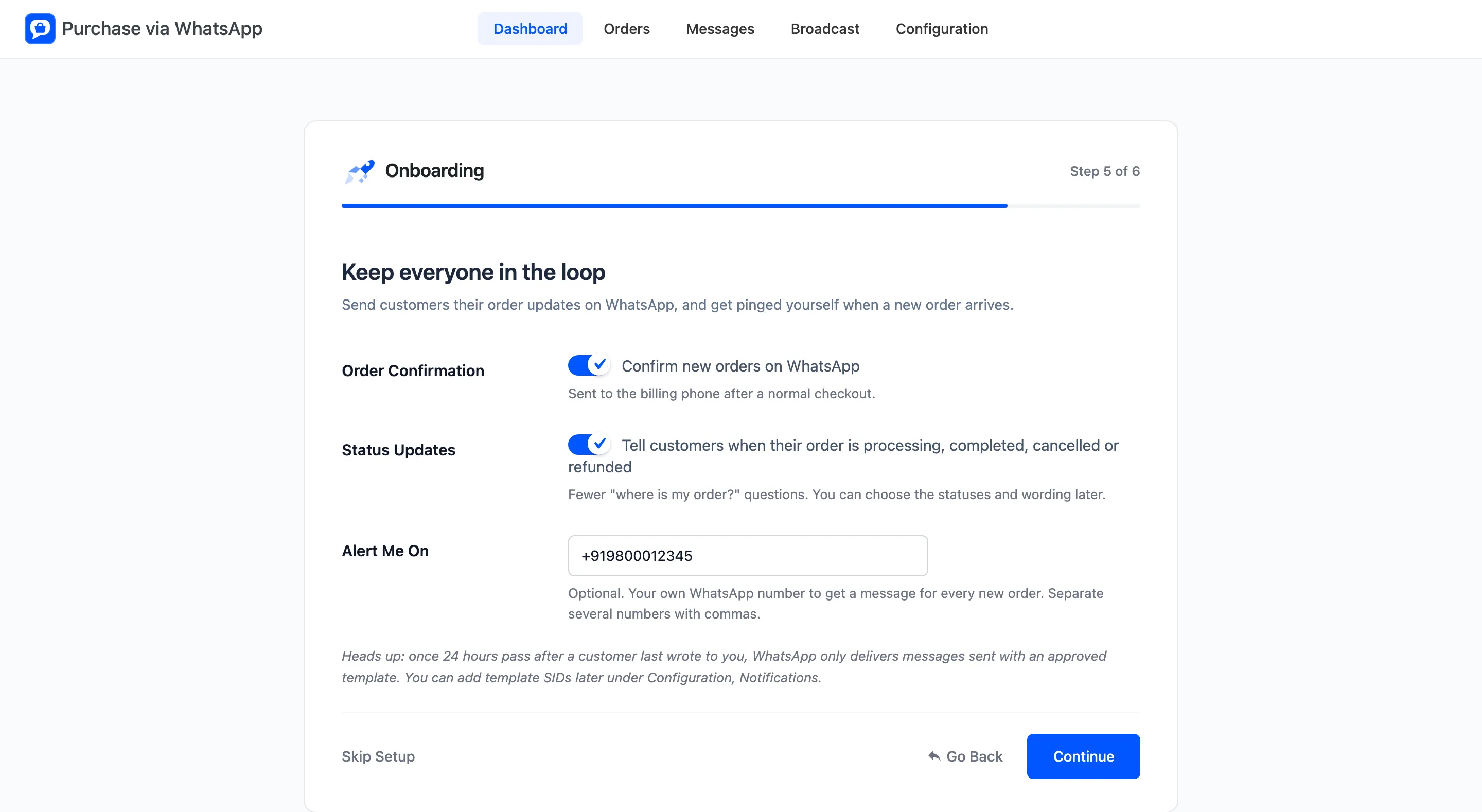The Updates step with the confirmation and status update switches and the alert number