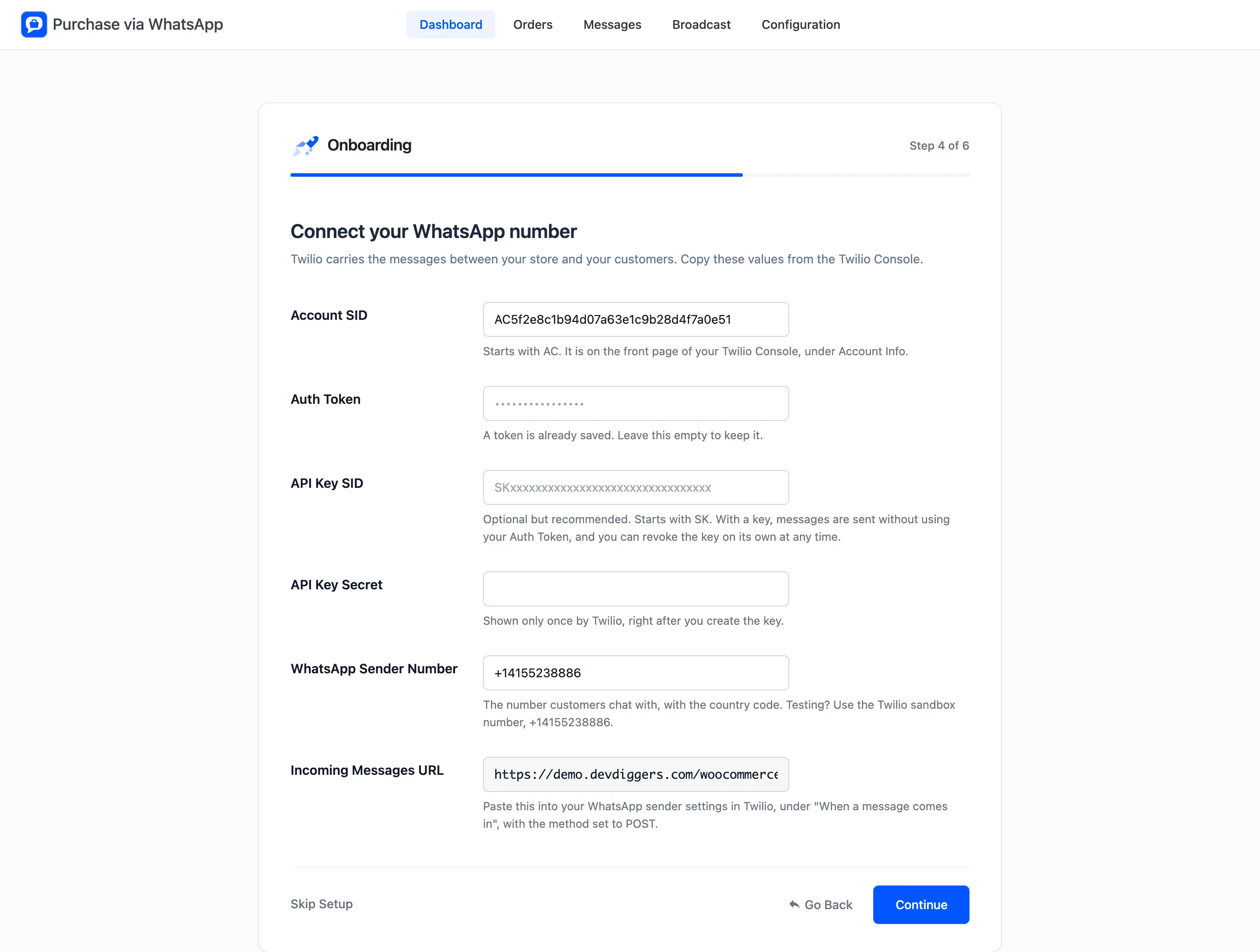 The Twilio step with Account SID, Auth Token, API Key, sender number and the Incoming Messages URL