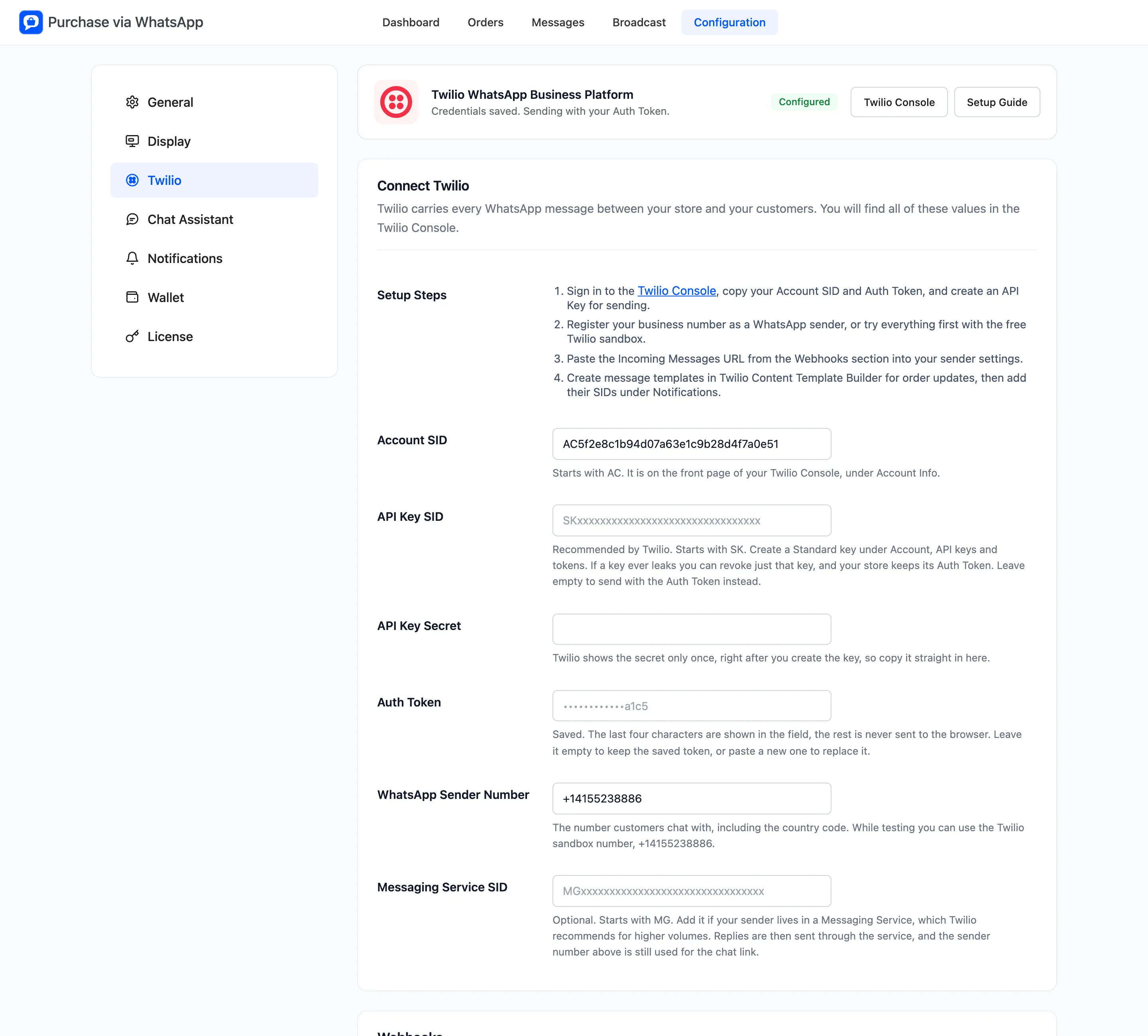 The Twilio tab with the connection banner and the Connect Twilio section