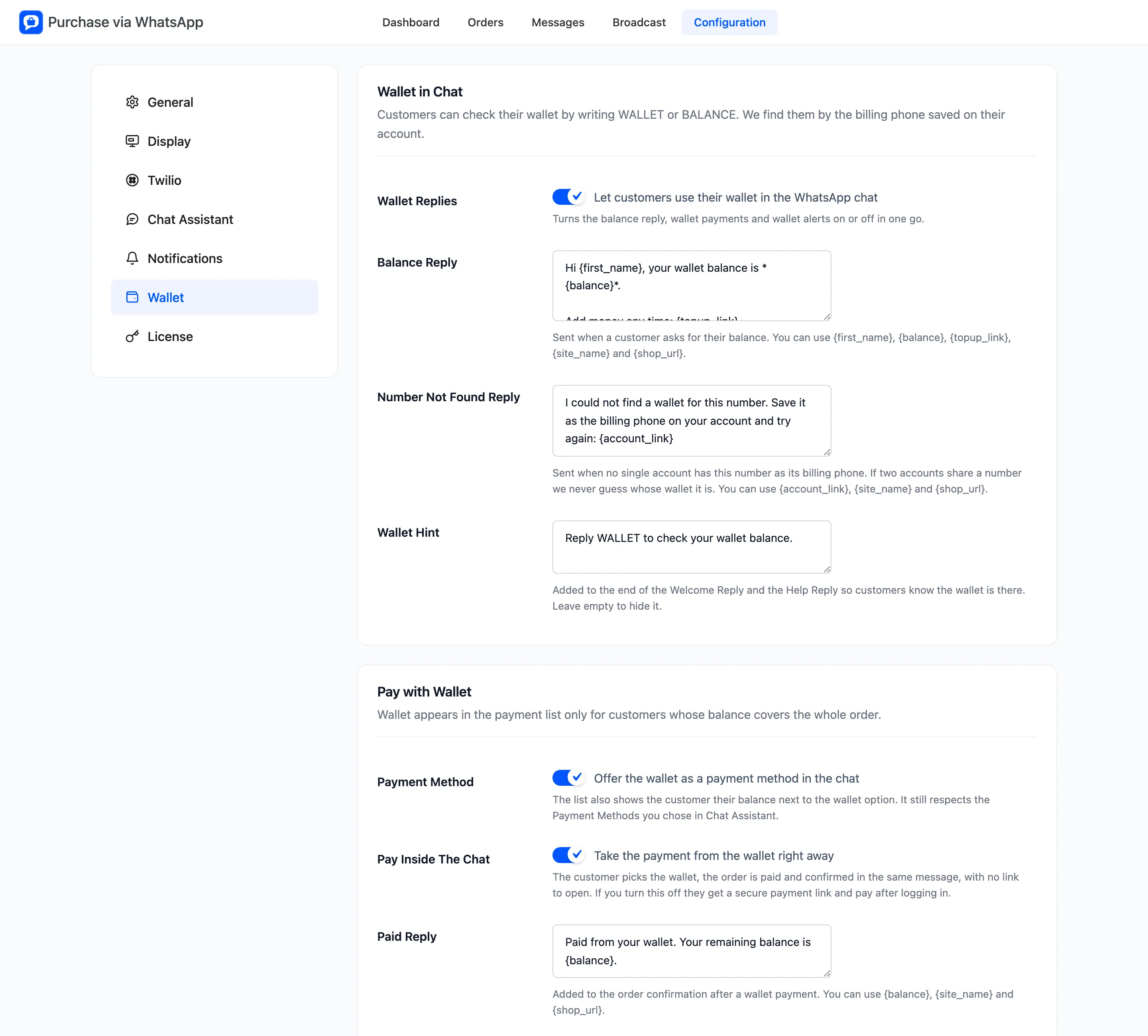 The Wallet tab with Wallet in Chat and Pay with Wallet
