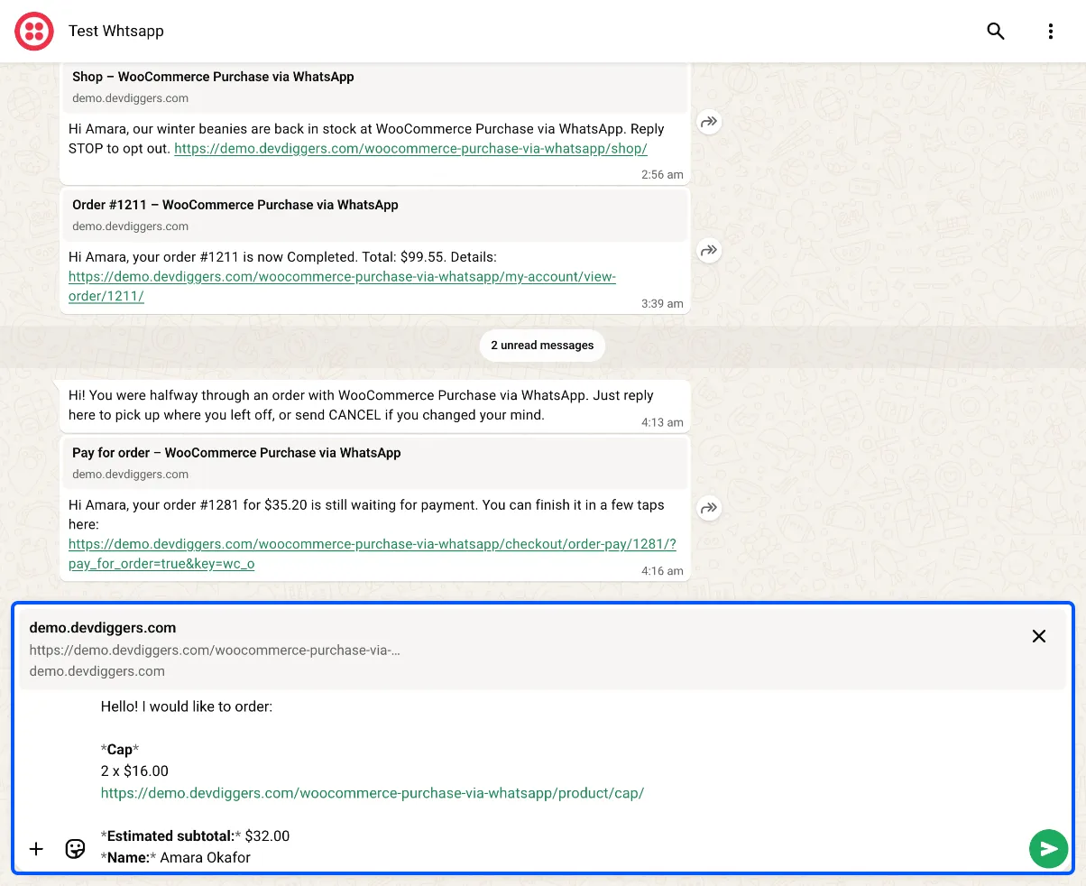 WhatsApp Web with the order message typed out and ready to send
