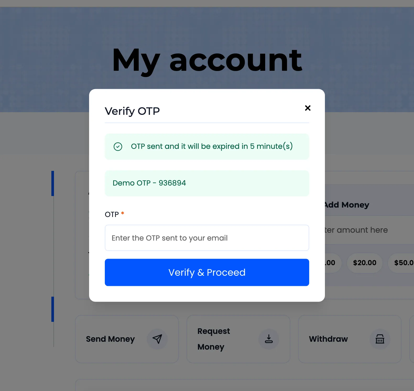 The Withdraw popup confirming the request