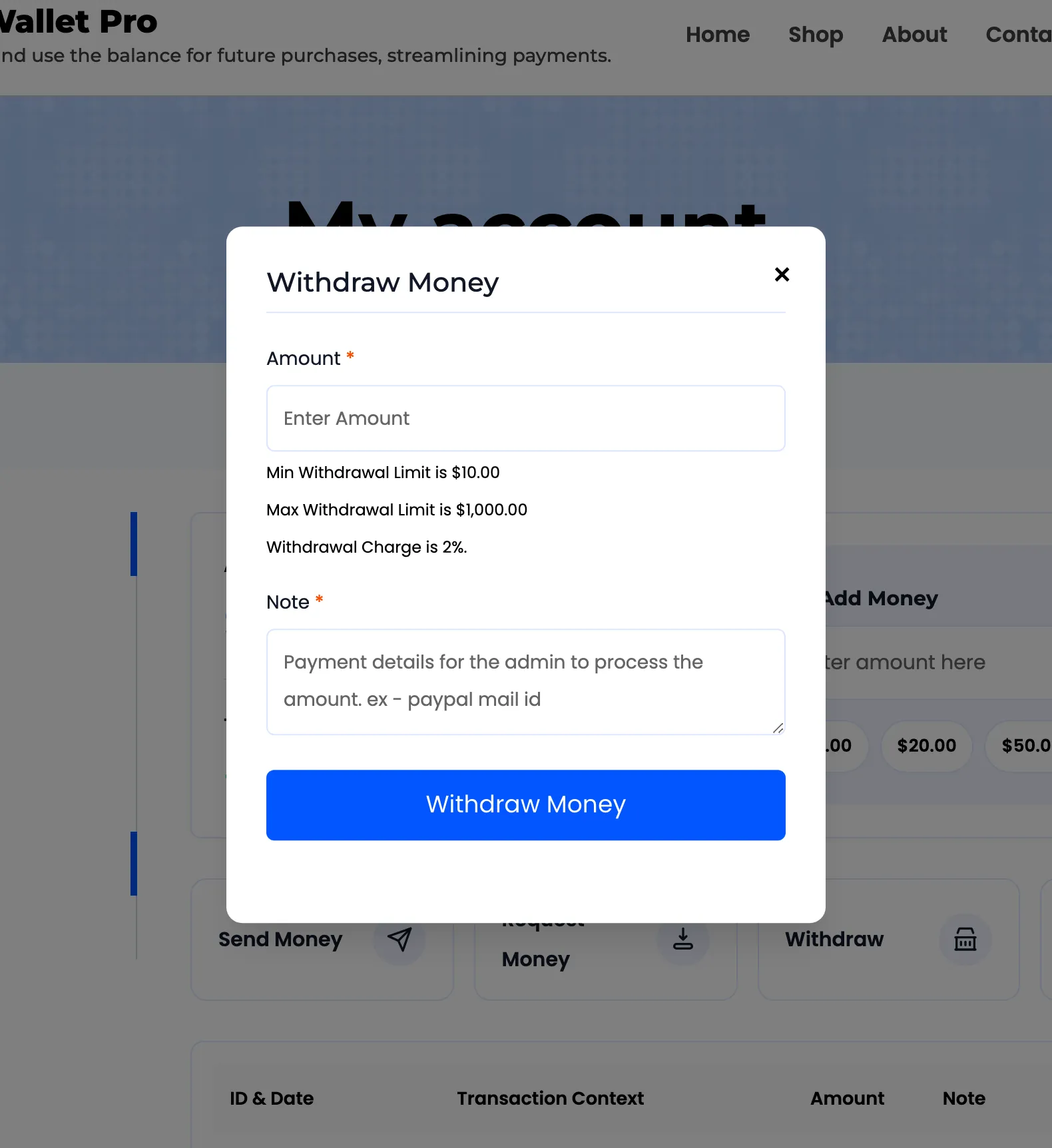 The Withdraw Money popup showing the limits and the charge