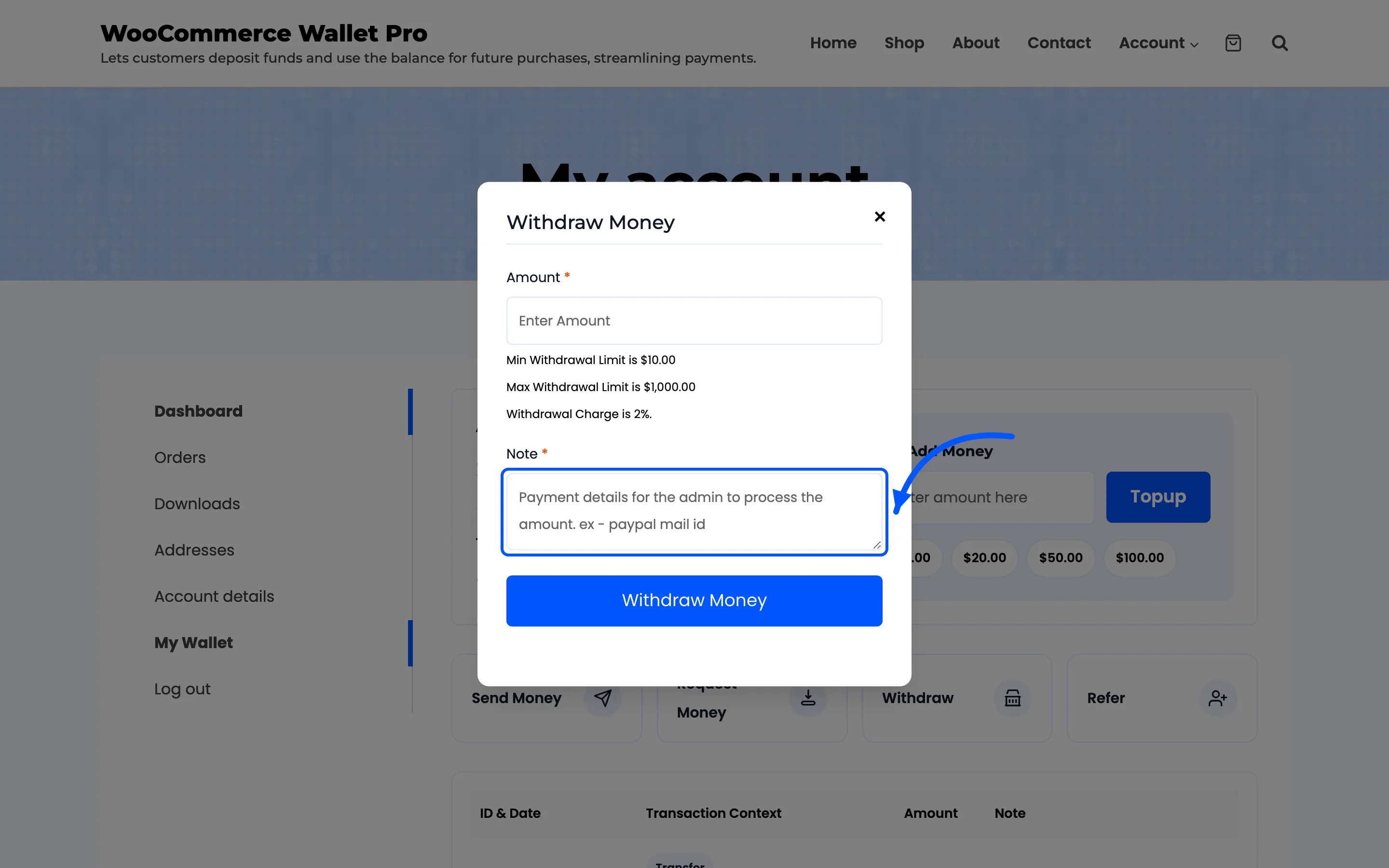 The required Note field under the amount