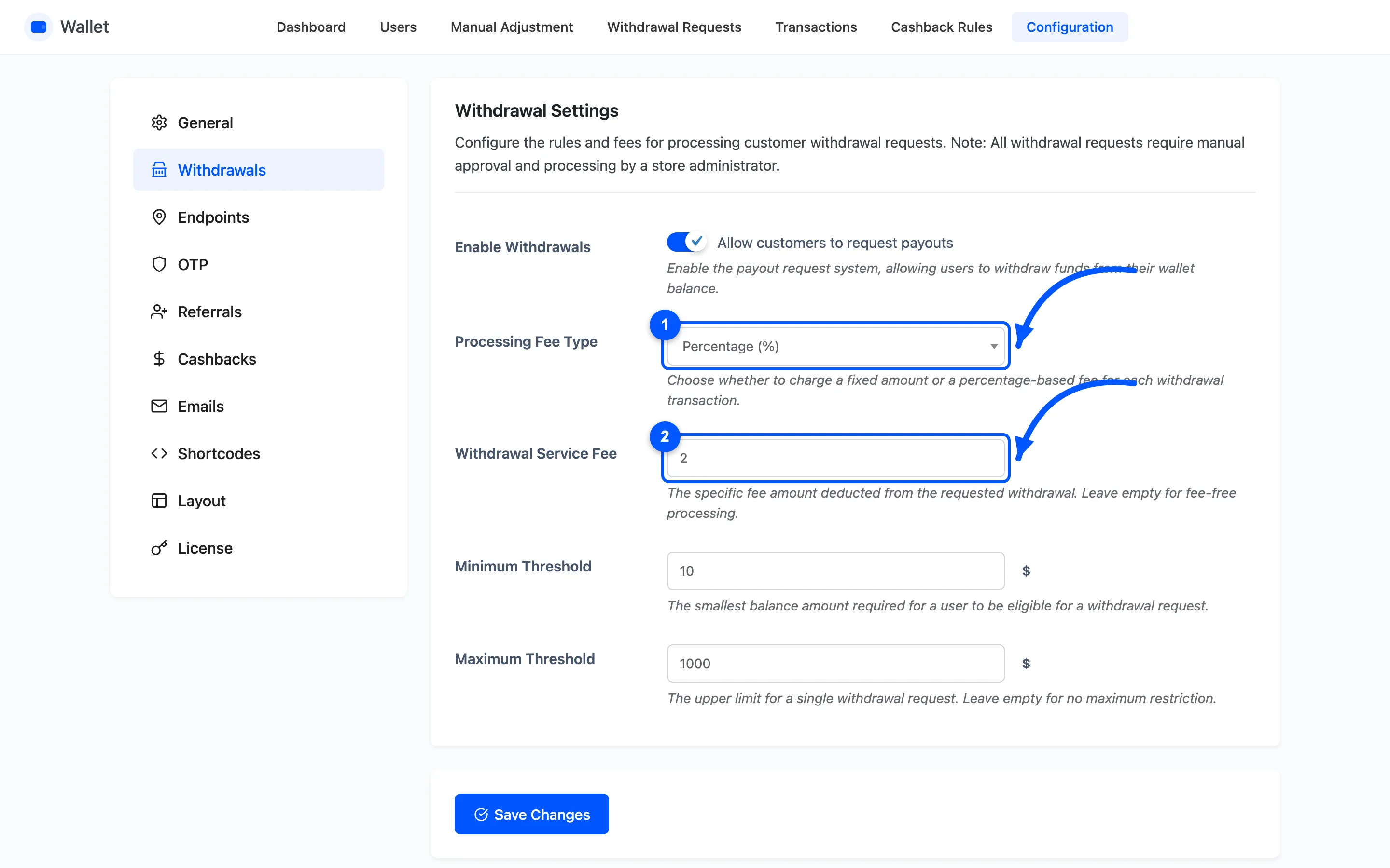 The Processing Fee Type dropdown and Withdrawal Service Fee field