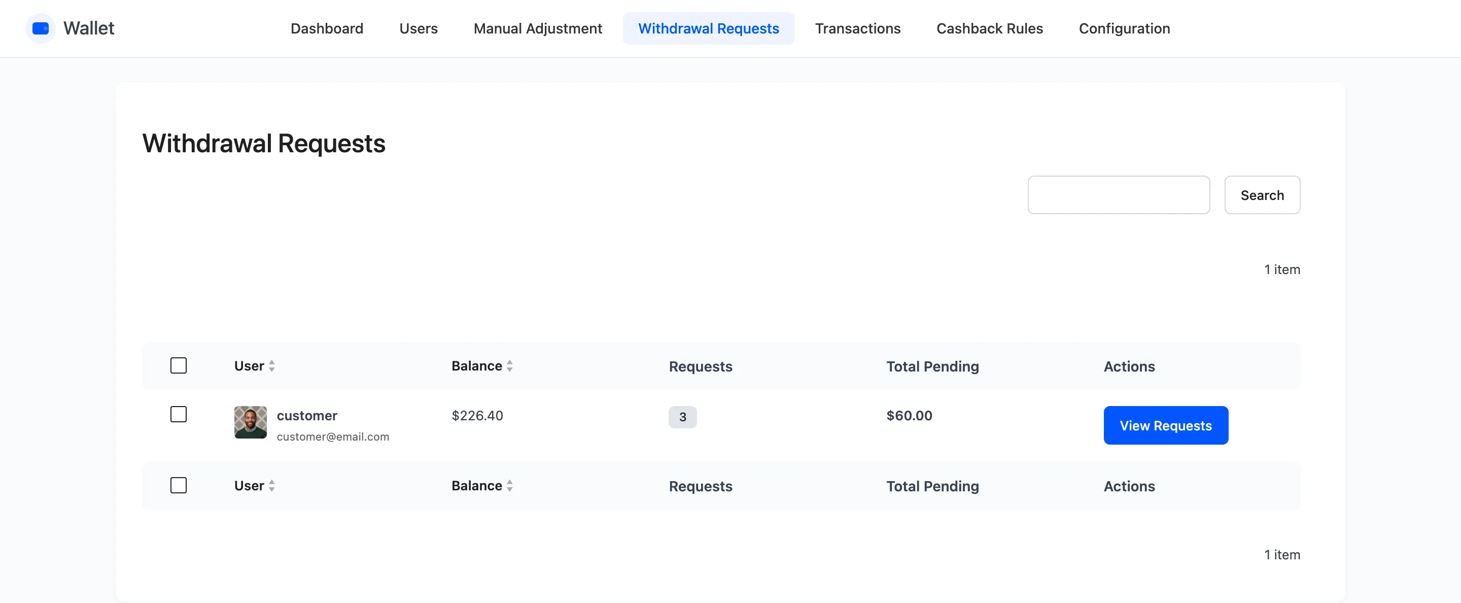 The withdrawal requests screen listing customers with pending requests
