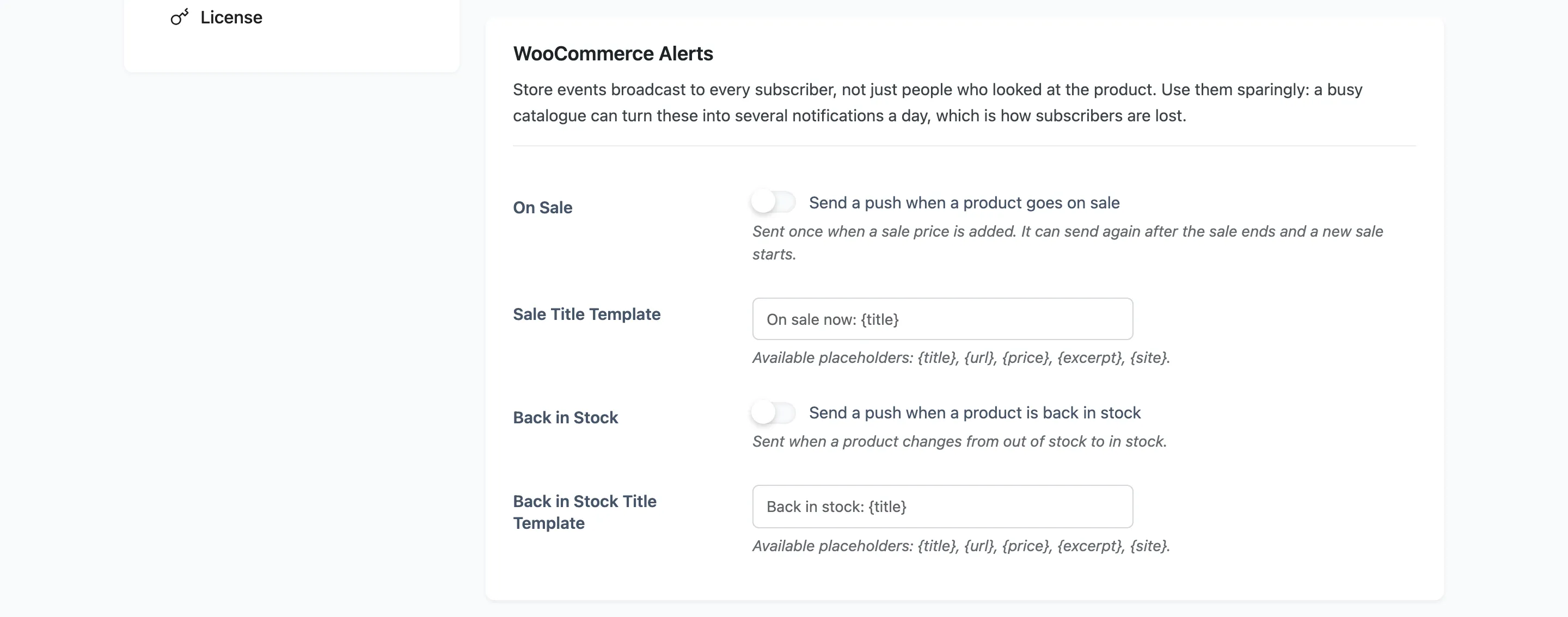 The WooCommerce Alerts section