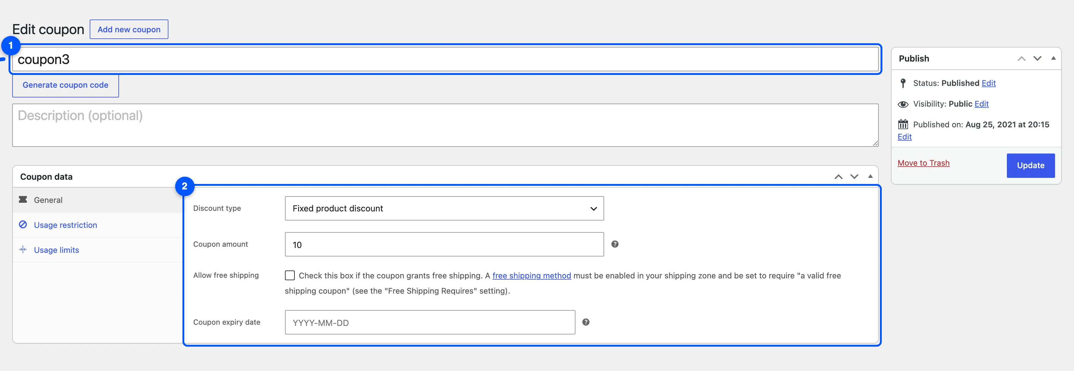 The WooCommerce coupon form with the code field and the General tab of Coupon data