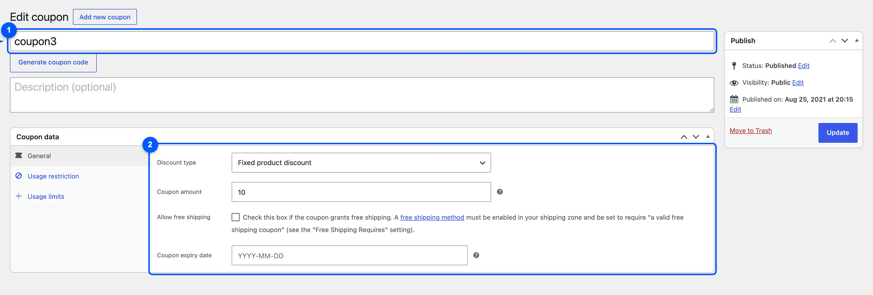 The WooCommerce coupon form with the code field and the General tab of Coupon data