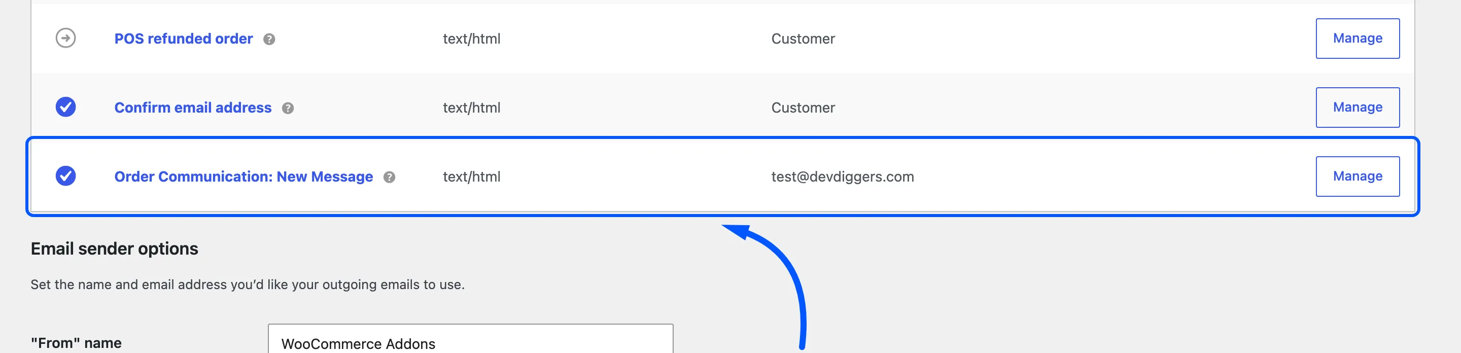 The Order Communication entry in WooCommerce’s email list