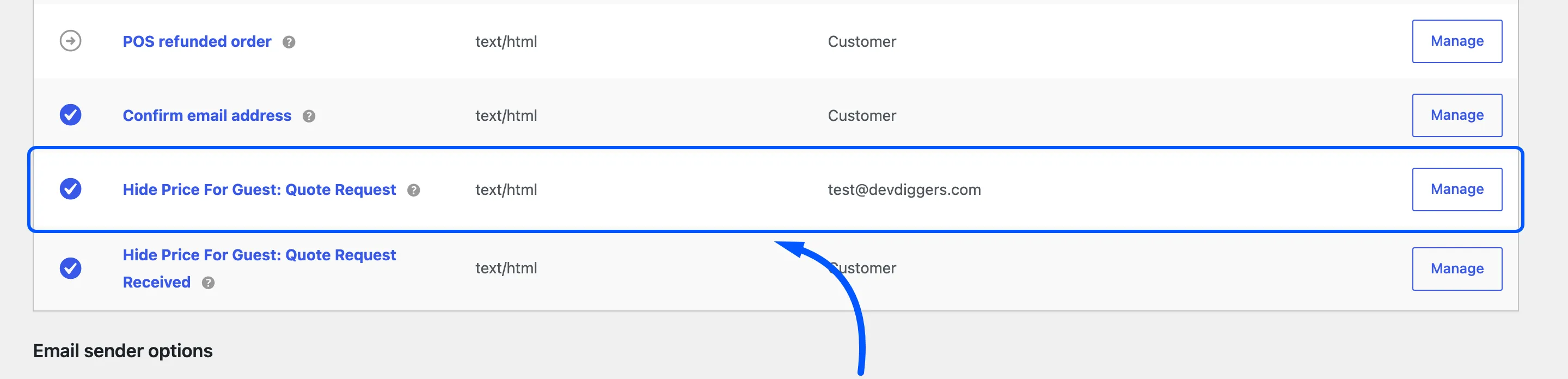 The two quote request emails in the WooCommerce email list
