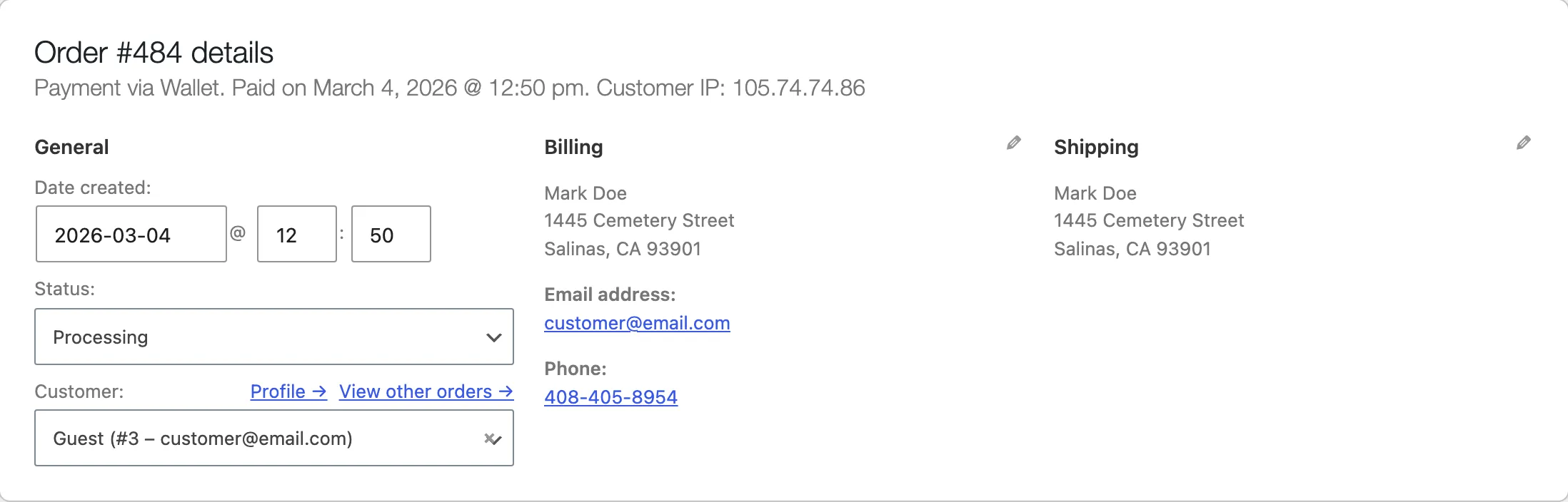 A WooCommerce order showing it was paid via Wallet