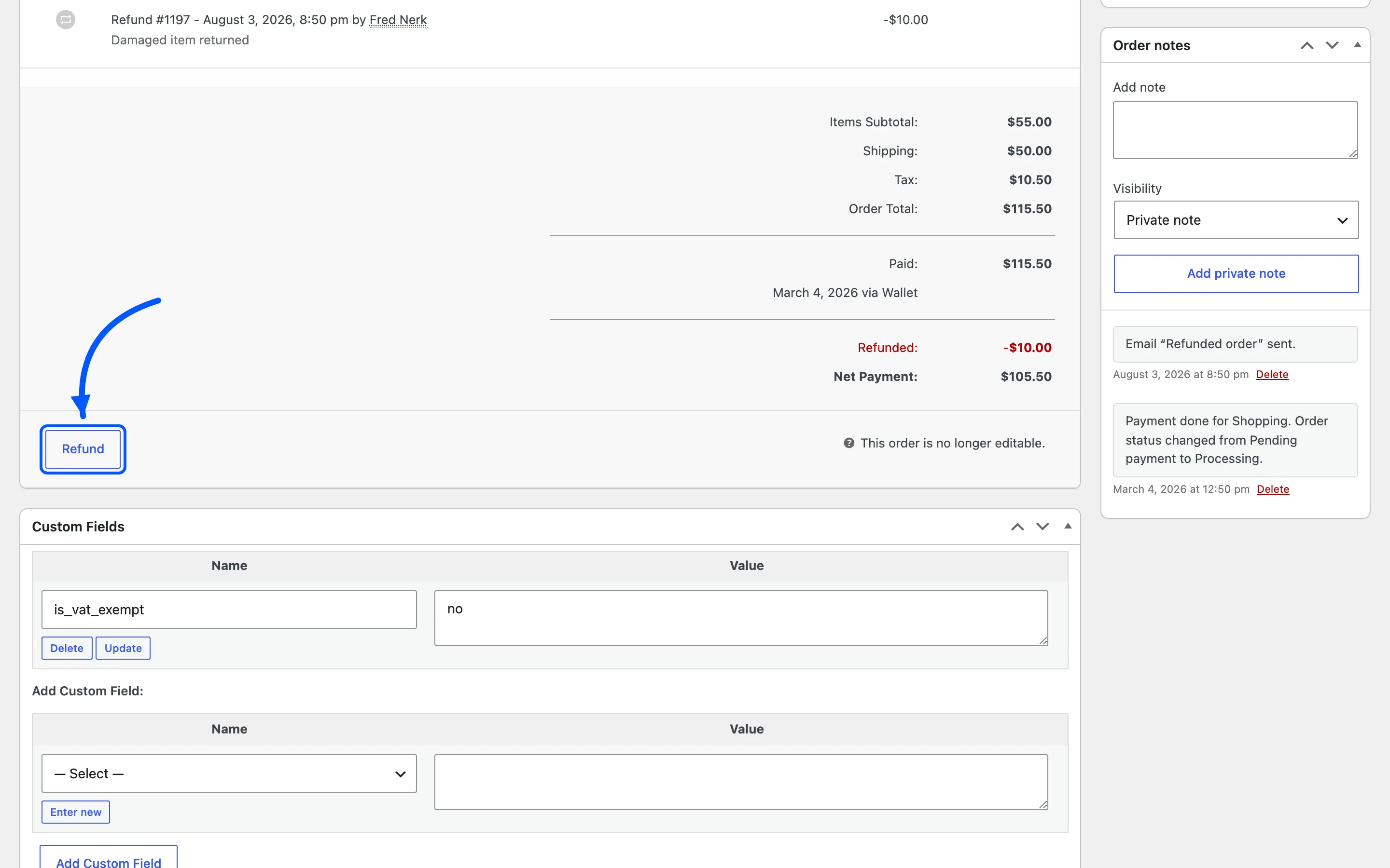 The Refund button under the order line items