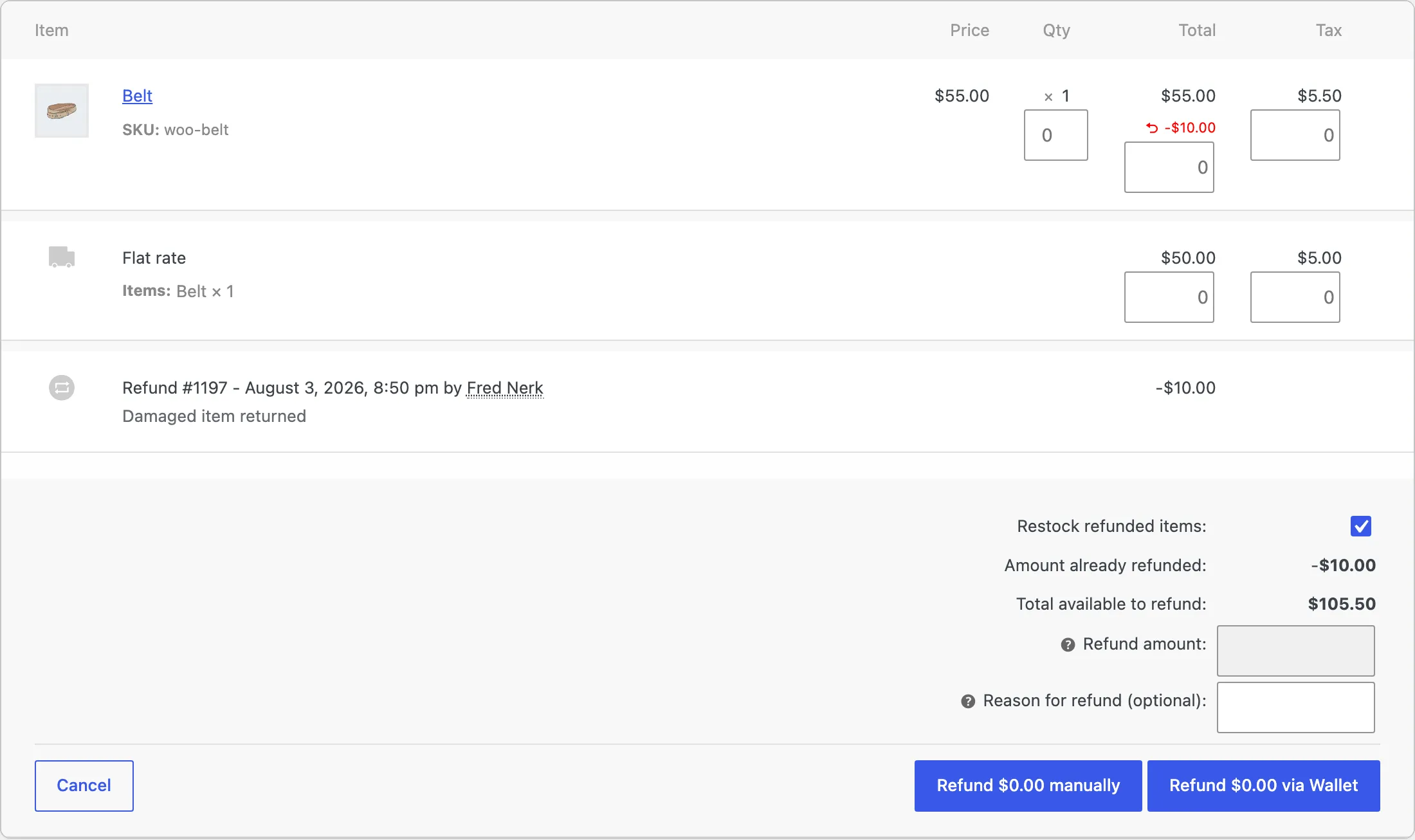 The WooCommerce refund form with per-line quantities and the refund total