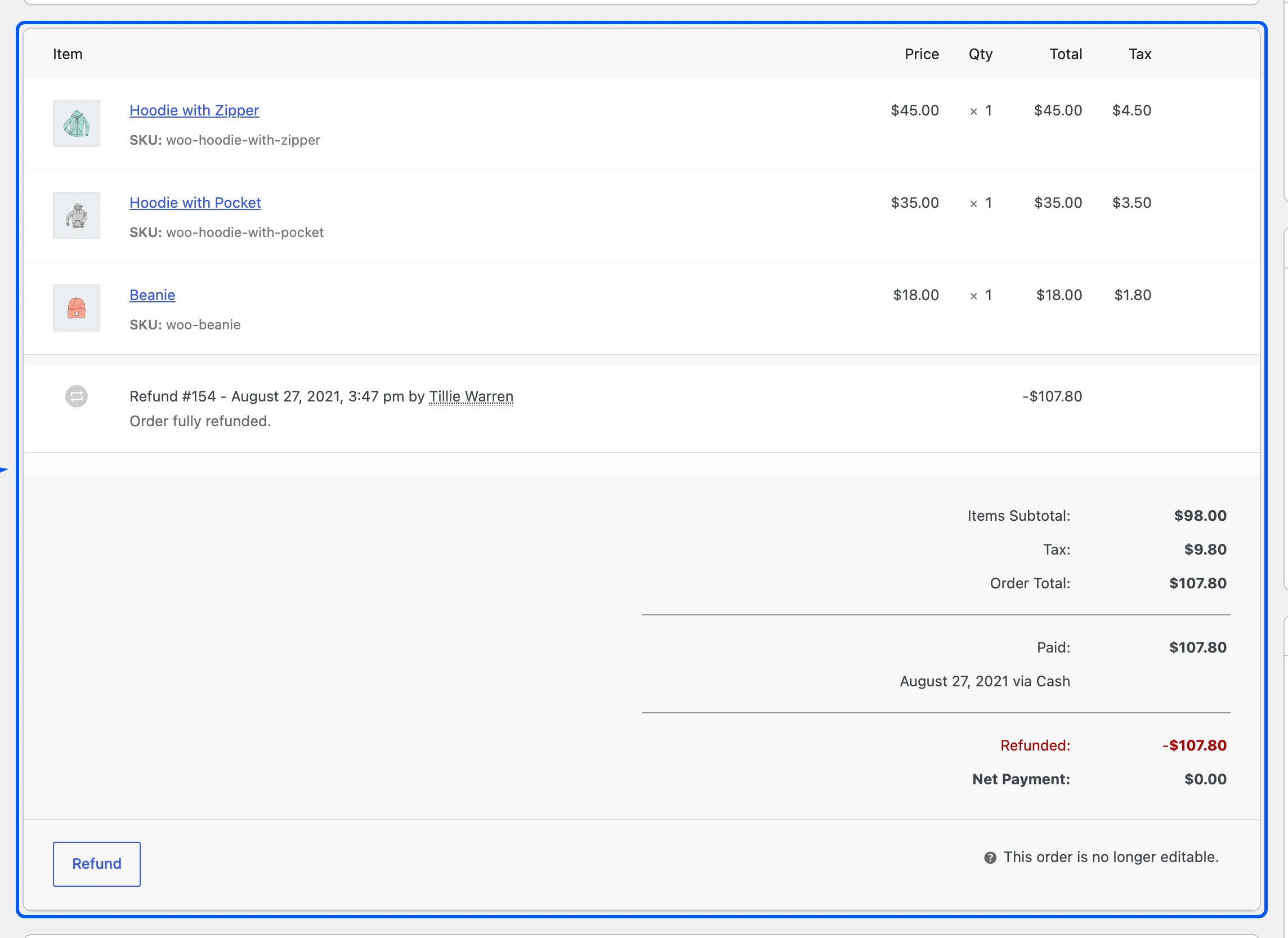 A WooCommerce order showing its refund line, the refunded total and a net payment of zero