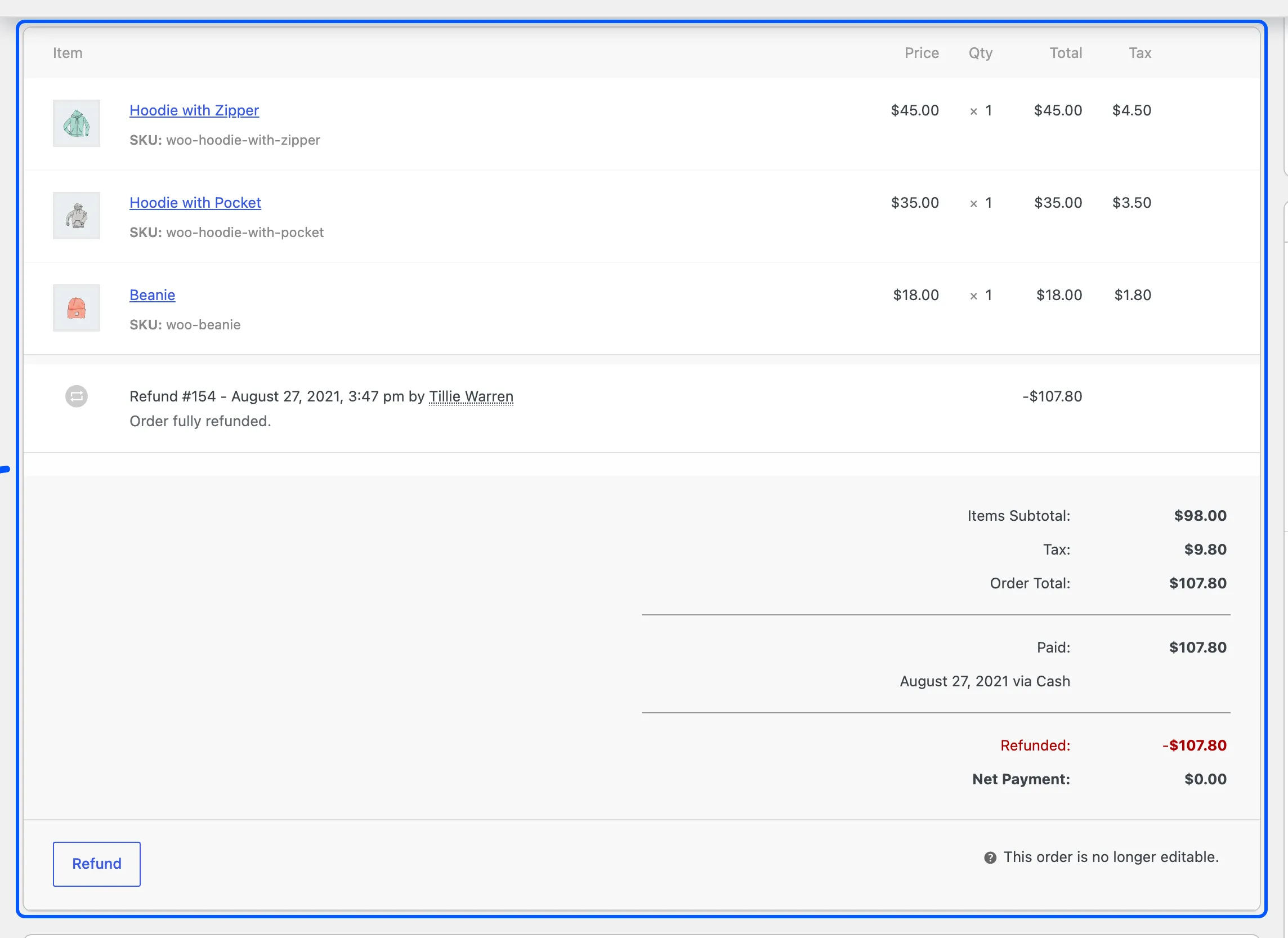 A WooCommerce order showing its refund line, the refunded total and a net payment of zero