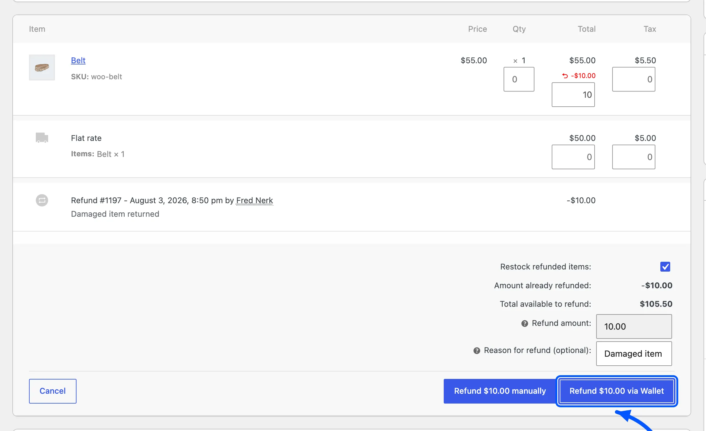 The Refund via Wallet button, showing the amount it will refund