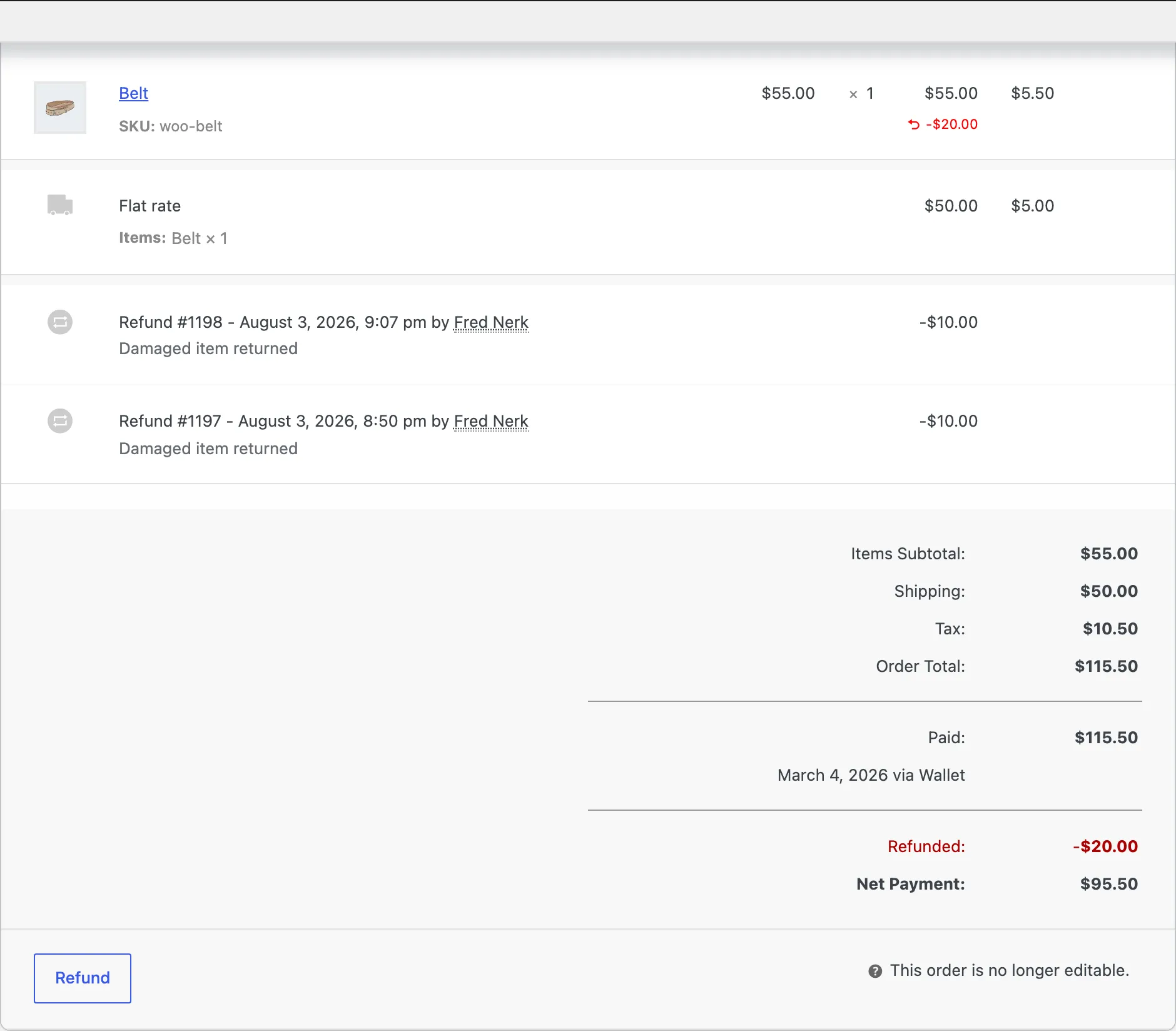 A part-refunded order, with the refund line and the net payment