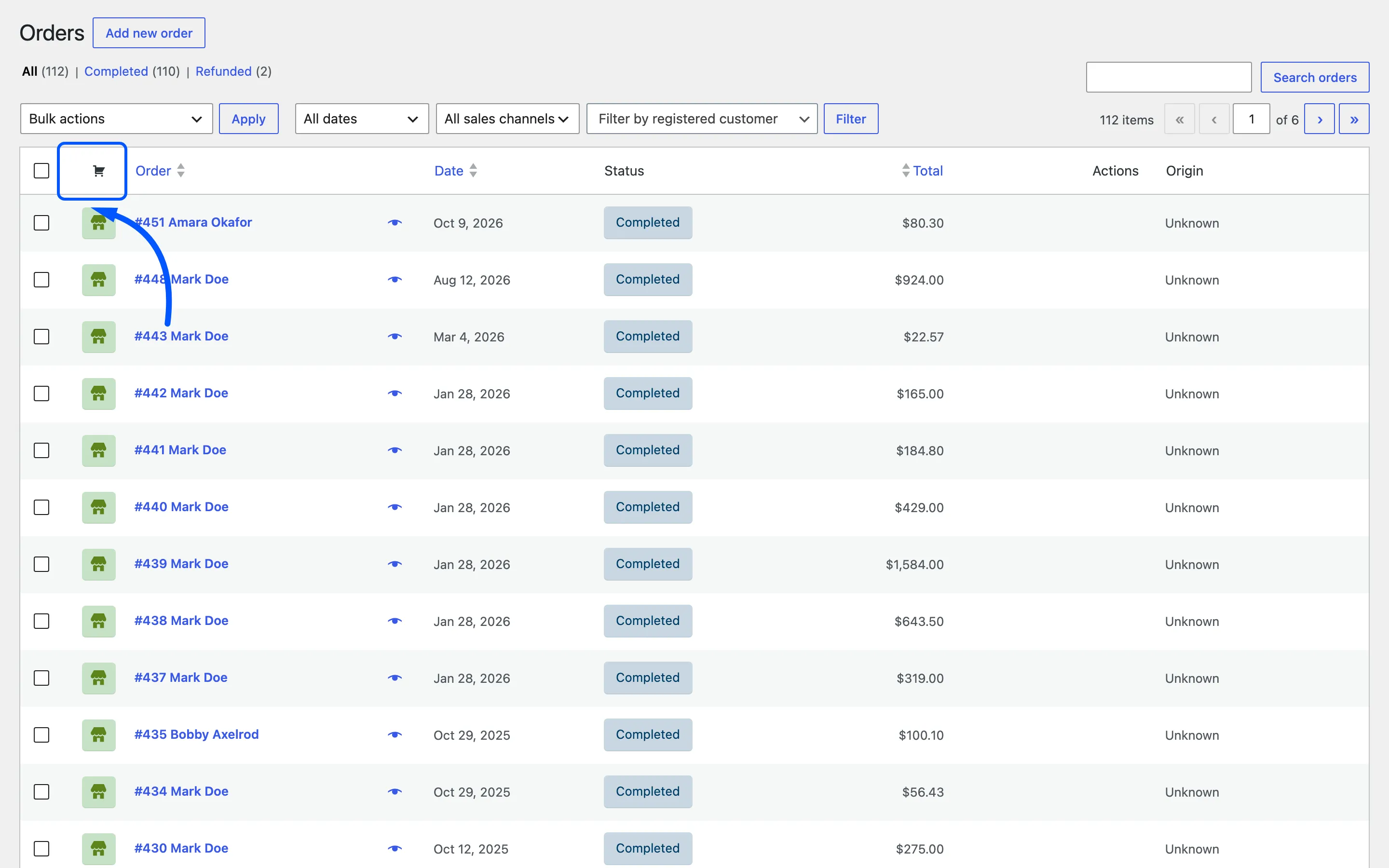 The WooCommerce orders list with the Order Type column added by MultiPOS