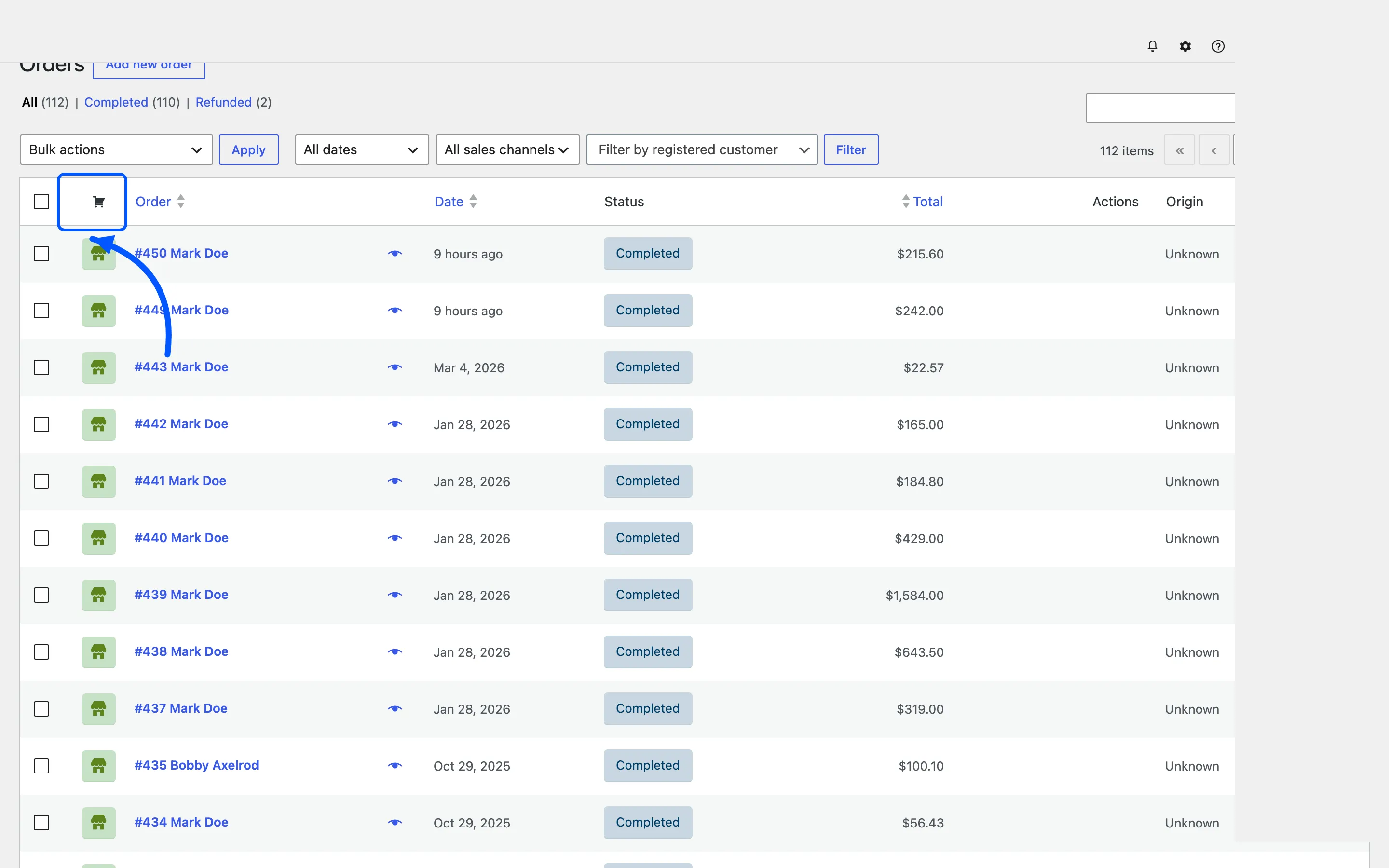 The WooCommerce orders list with the Order Type column added by MultiPOS