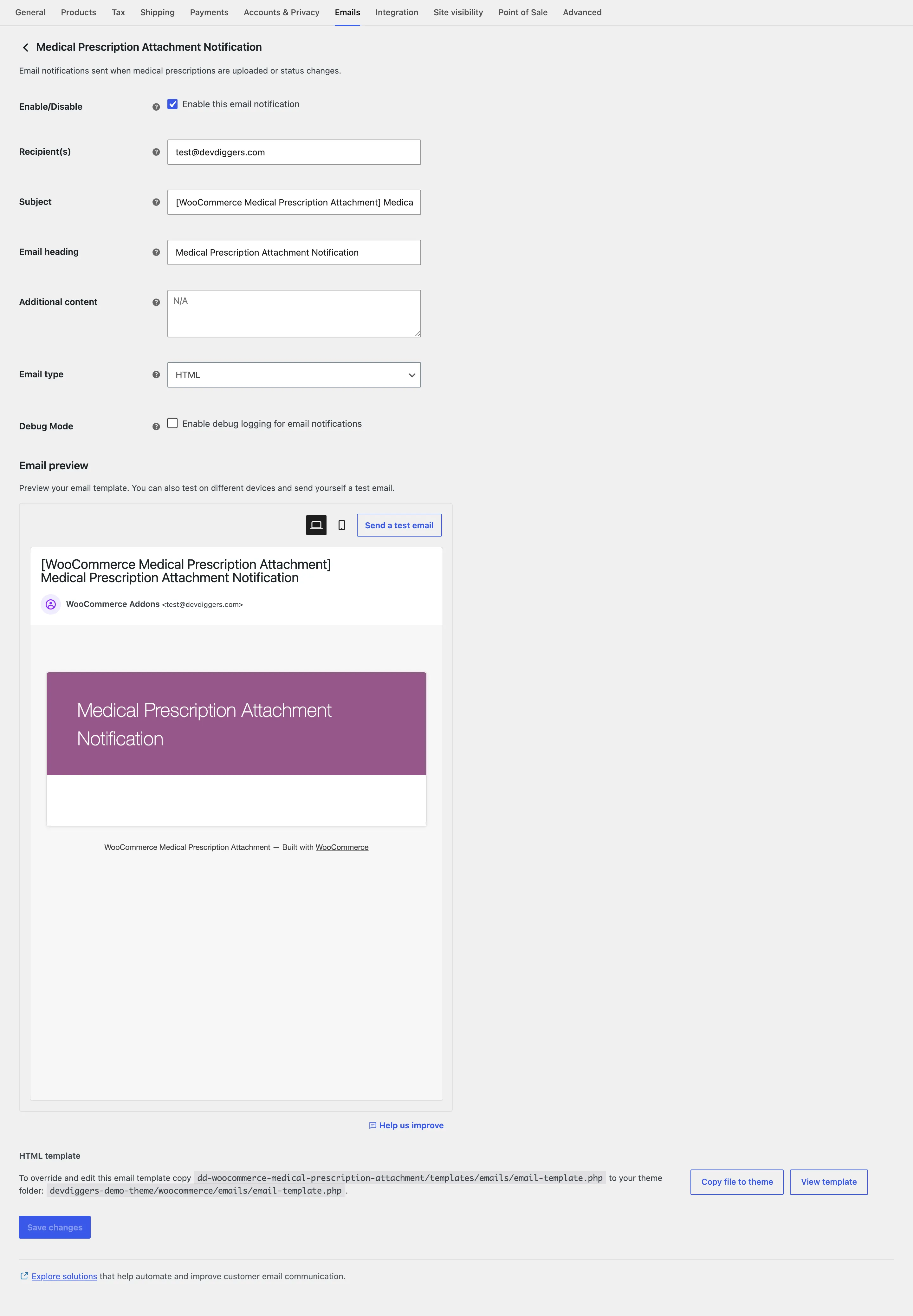 The Medical Prescription Attachment Notification settings