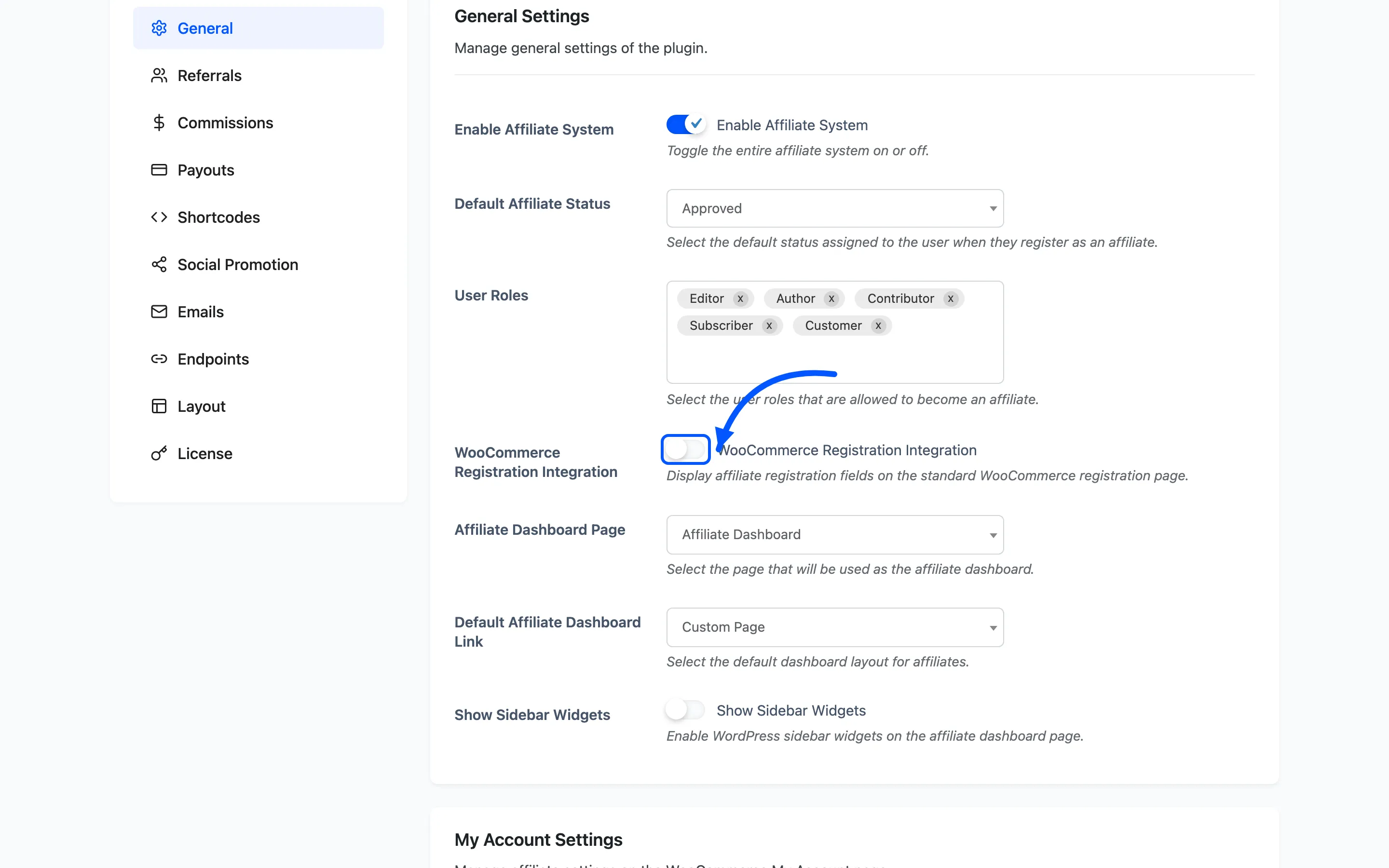 The WooCommerce Registration Integration toggle on the General settings tab
