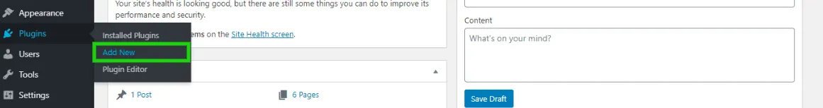 The WordPress Plugins menu expanded with Add New highlighted
