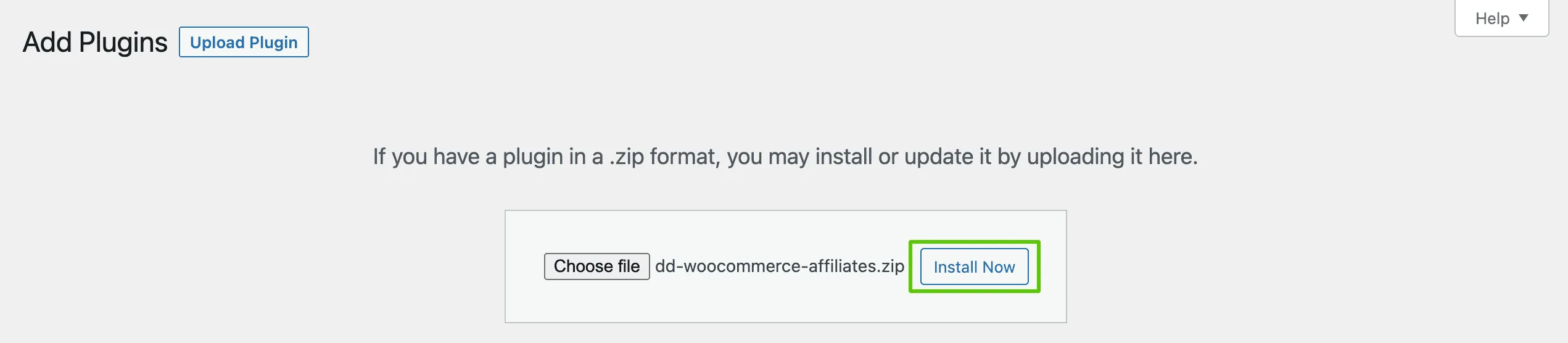 The plugin upload box with a zip selected and Install Now highlighted