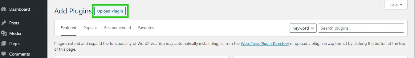 The Add Plugins screen with the Upload Plugin button highlighted
