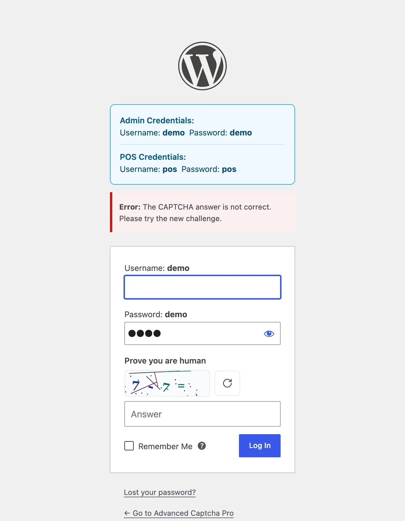 The login page refusing a wrong Built-in answer
