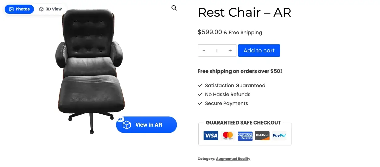 A product gallery switching from photos to a 3D model, the model being dragged to rotate, then the View in AR button opening a QR popup