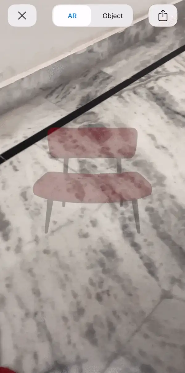 Apple AR Quick Look with AR and Object tabs, showing a chair placed on a floor and being resized